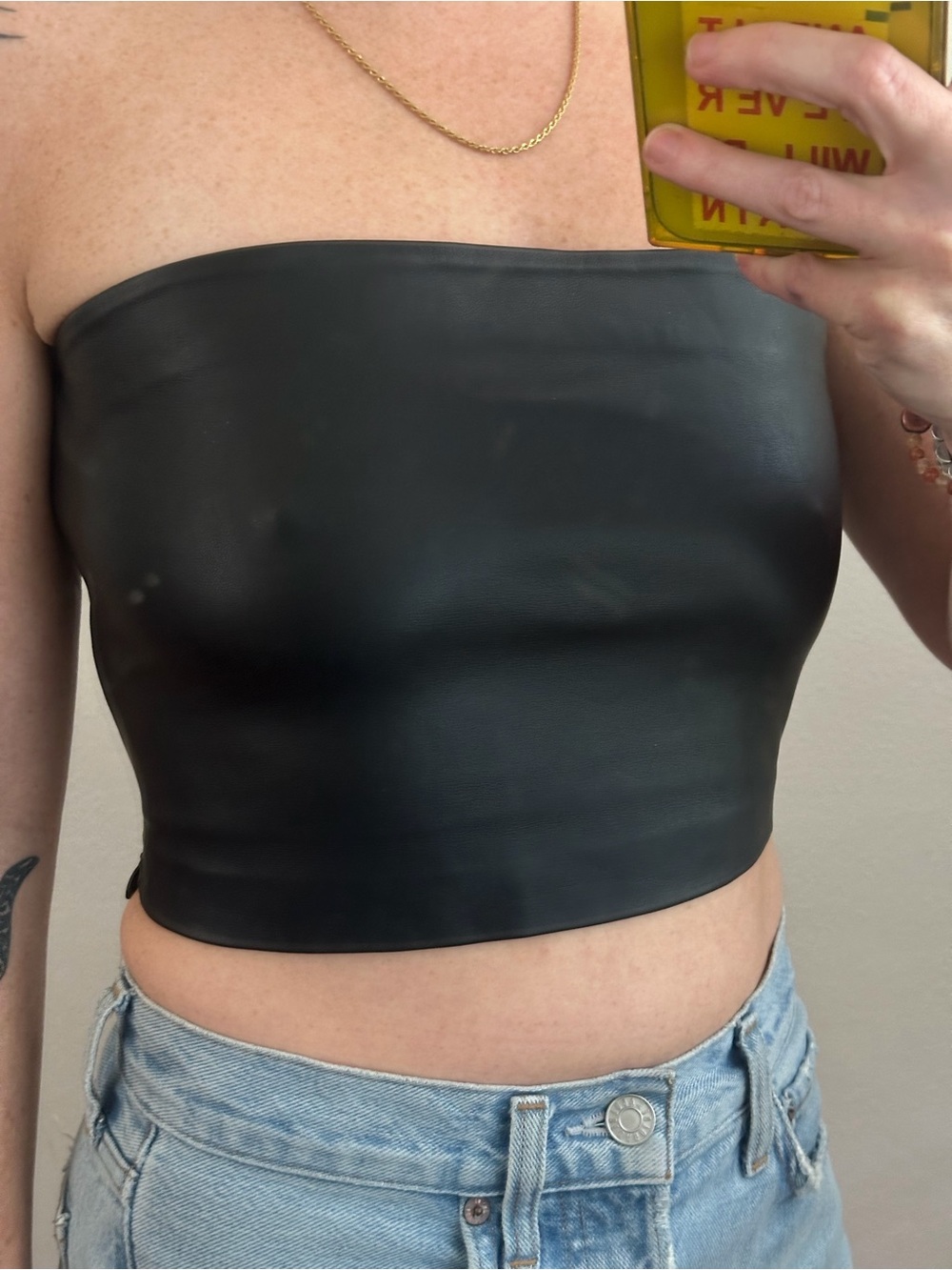 Susana Monaco Black Faux Leather Strapless Crop Top